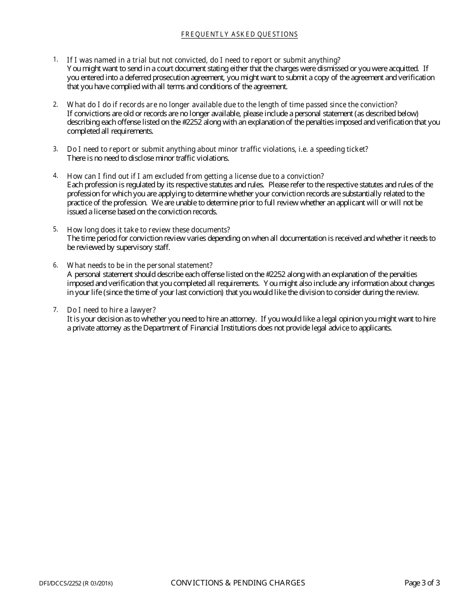 Form DFI / DCCS / 2252 Convictions and Pending Charges - Wisconsin, Page 3