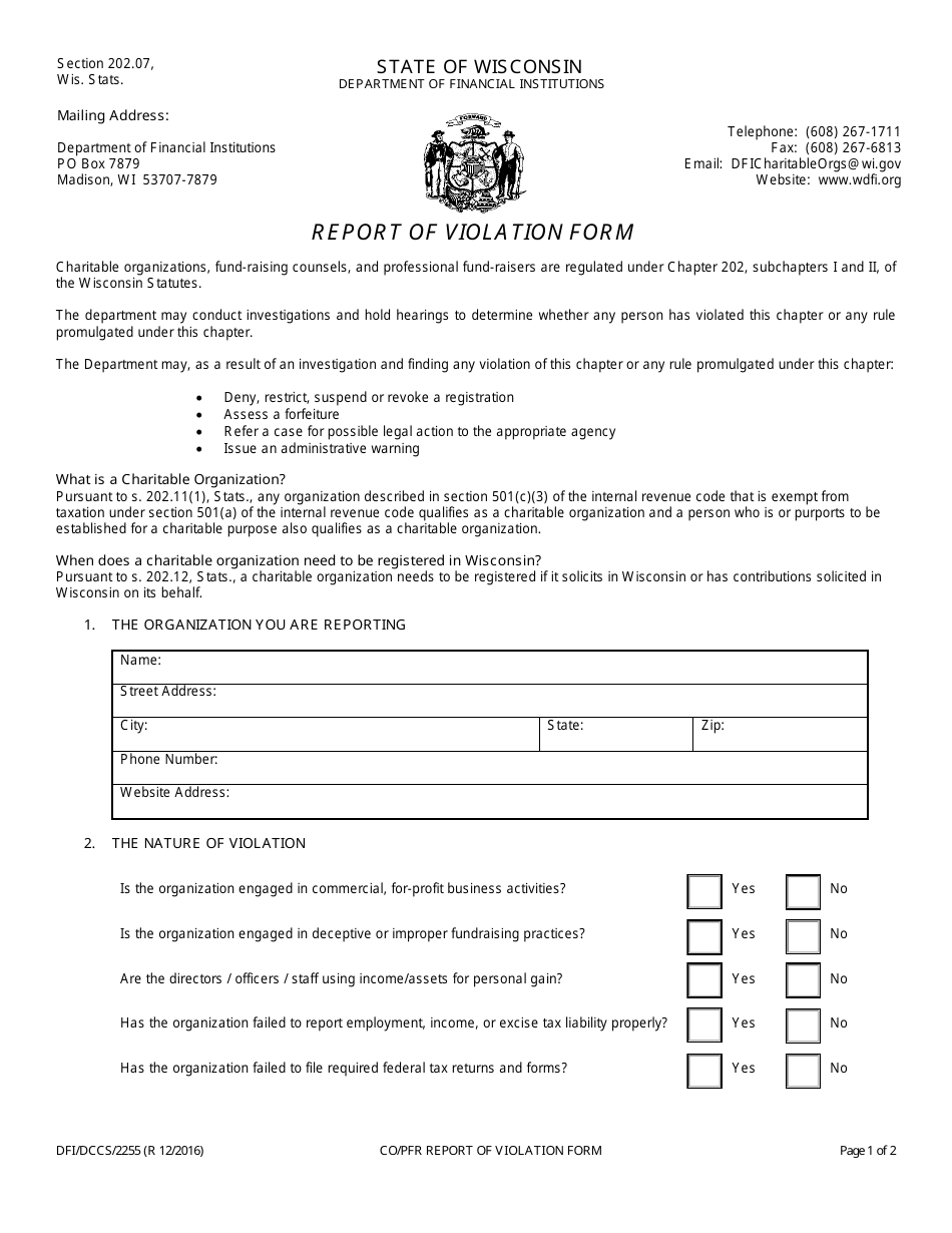Form DFI / DCCS / 2255 Report of Violation Form - Wisconsin, Page 1