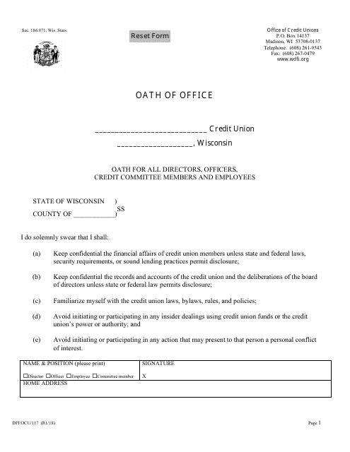 Form DFI/OCU/117 Oath of Office - Wisconsin