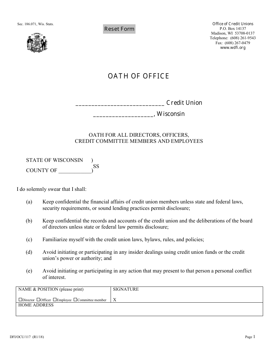 Form DFI / OCU / 117 Oath of Office - Wisconsin, Page 1