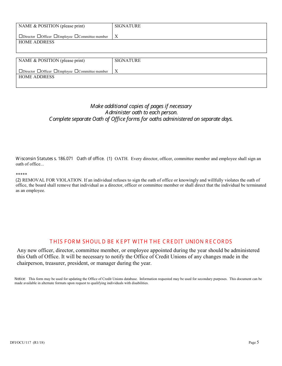 Form DFI / OCU / 117 Oath of Office - Wisconsin, Page 5