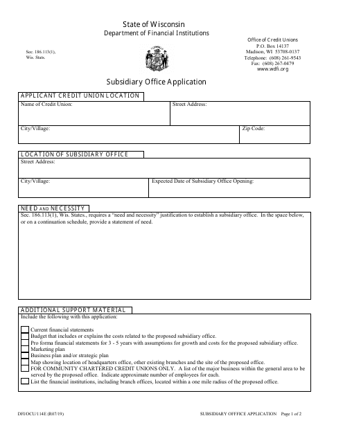 Form DFI/OCU/114E Subsidiary Office Application - Wisconsin
