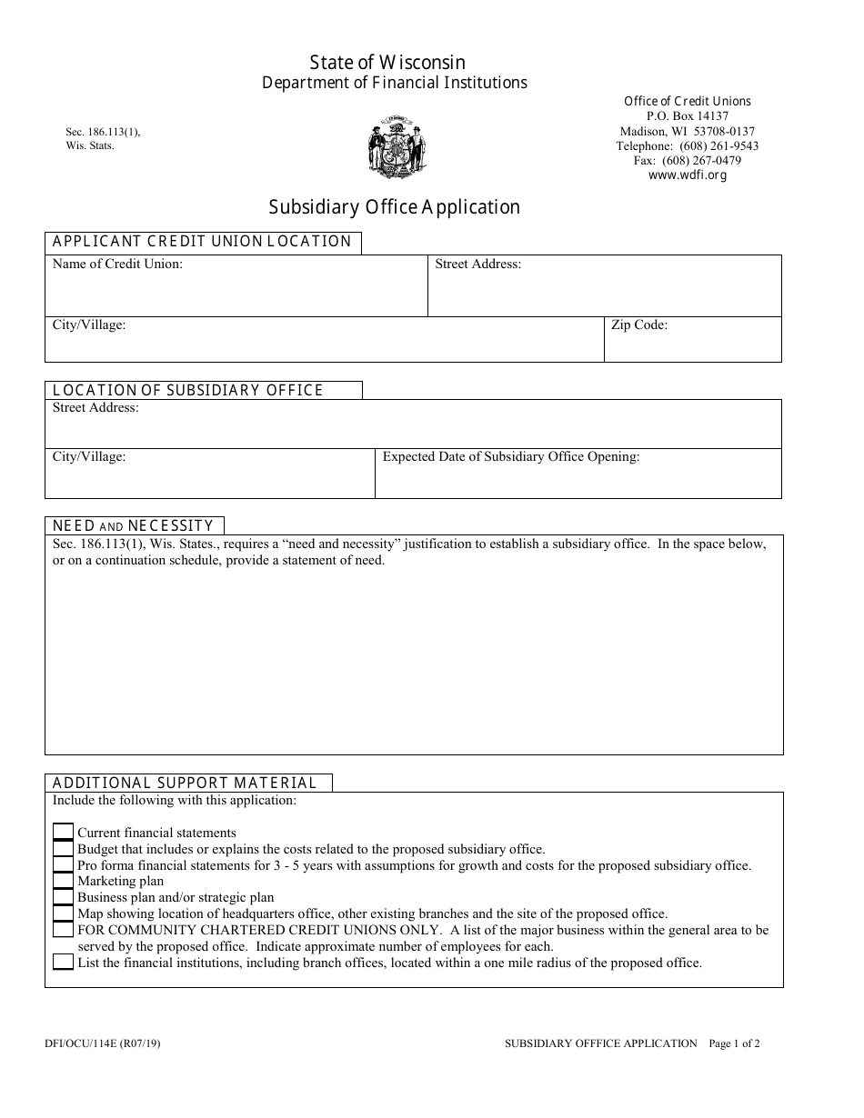 Form DFI / OCU / 114E Subsidiary Office Application - Wisconsin, Page 1