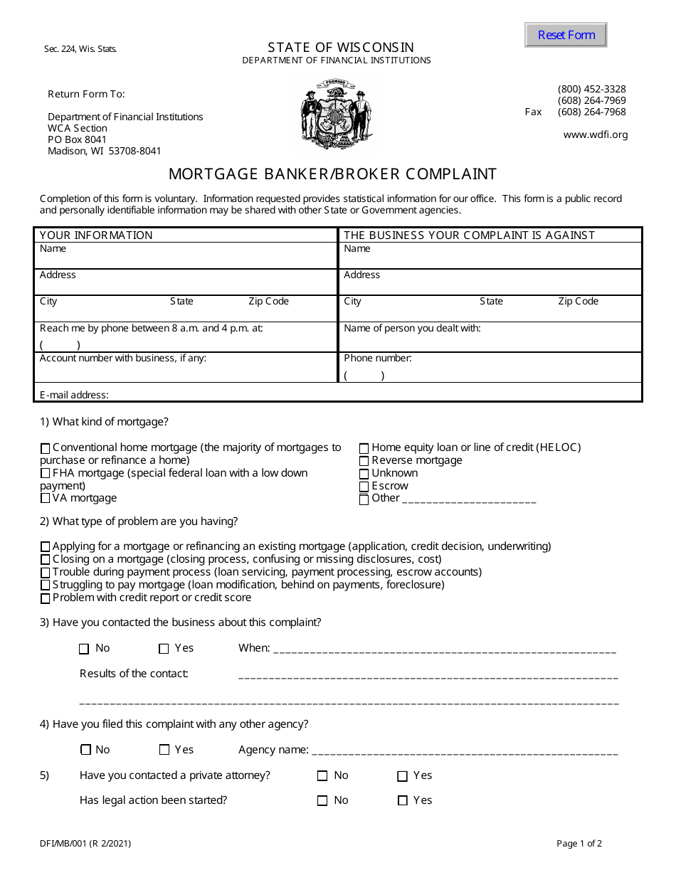 Form DFI / MB / 001 Mortgage Banker / Broker Complaint - Wisconsin, Page 1