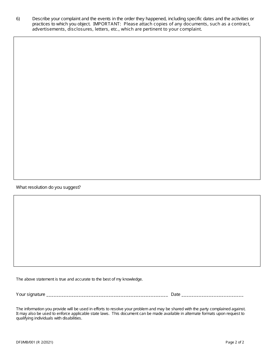 Form DFI / MB / 001 Mortgage Banker / Broker Complaint - Wisconsin, Page 2