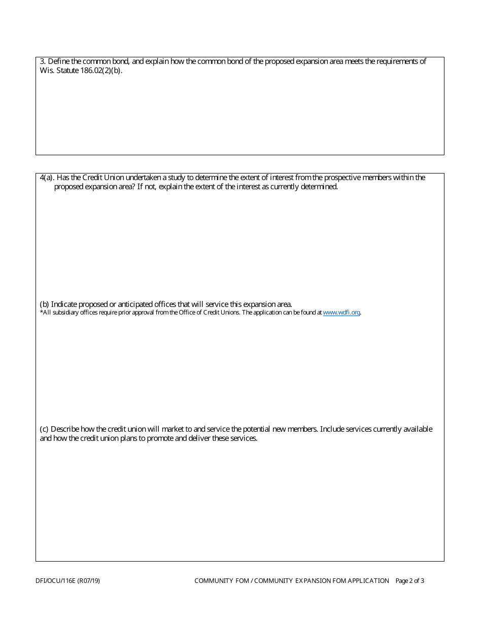 Form DFI / OCU / 116E Community Field of Membership (Fom) / Expansion of Community Fom Application - Wisconsin, Page 2