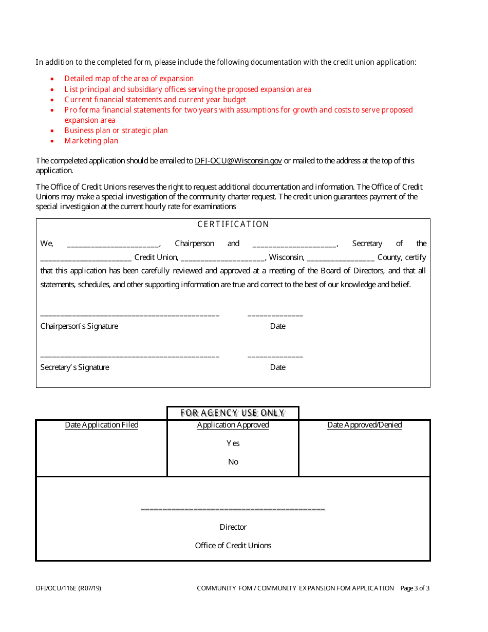 Form DFI / OCU / 116E Community Field of Membership (Fom) / Expansion of Community Fom Application - Wisconsin, Page 3