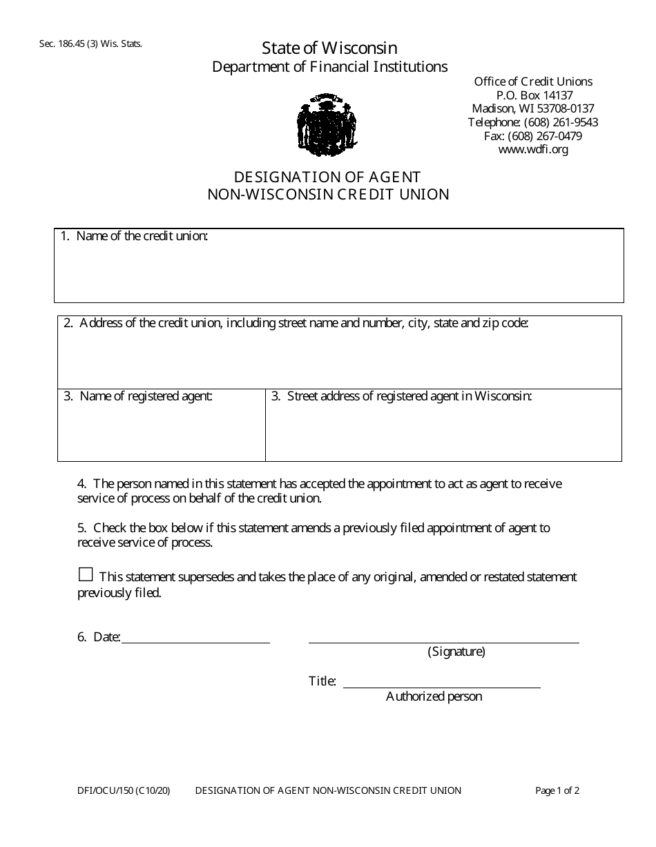 Form DFI / OCU / 150 Designation of Agent Non-wisconsin Credit Union - Wisconsin, Page 1