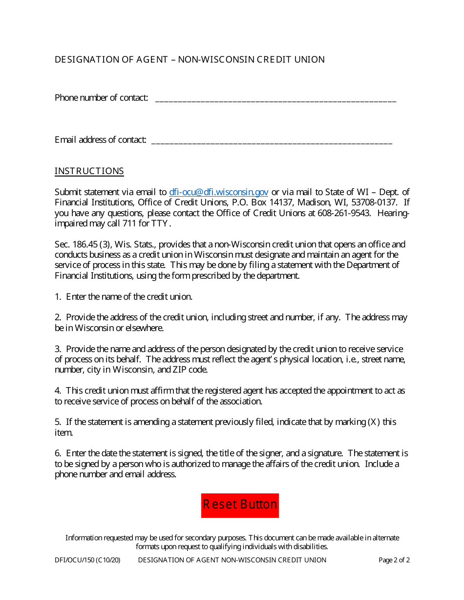Form DFI / OCU / 150 Designation of Agent Non-wisconsin Credit Union - Wisconsin, Page 2