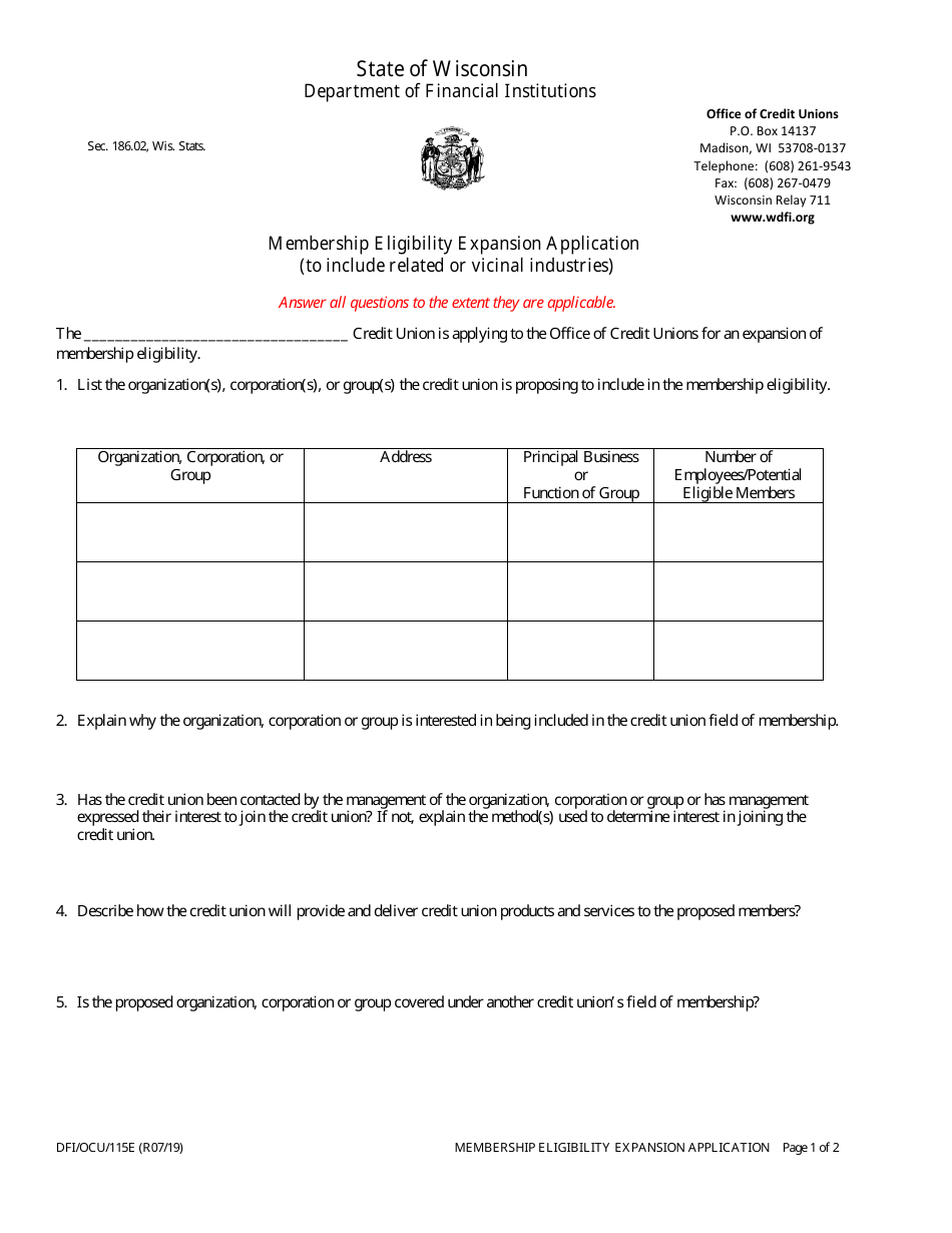 Form DFI / OCU / 115E Membership Eligibility Expansion Application - Wisconsin, Page 1