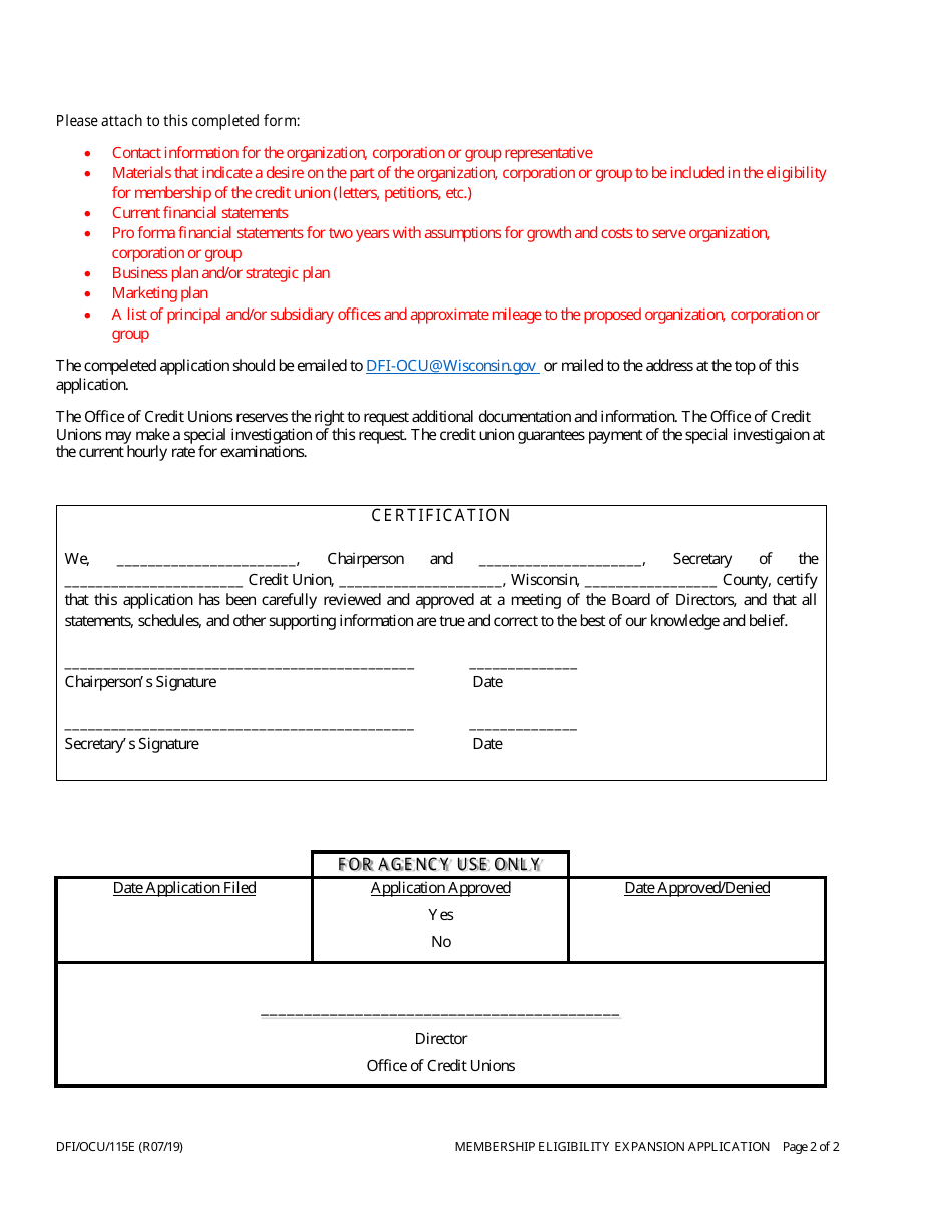 Form DFI / OCU / 115E Membership Eligibility Expansion Application - Wisconsin, Page 2