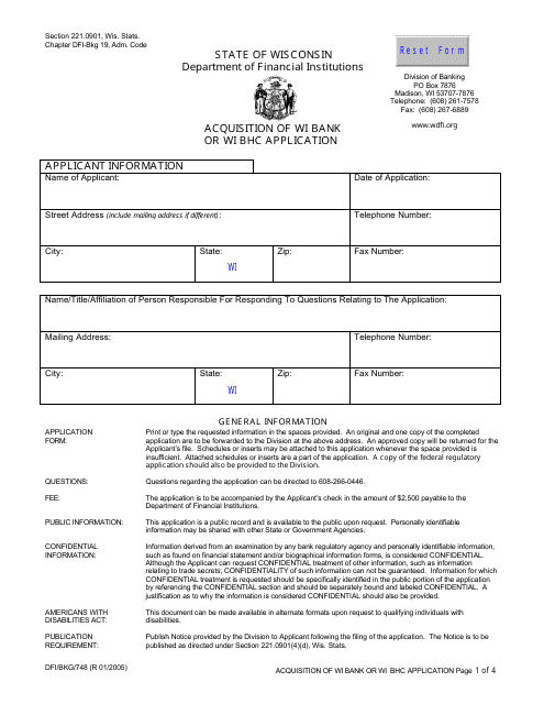 Form DFI/BKG/748 Acquisition of Wi Bank or Wi Bhc Application - Wisconsin