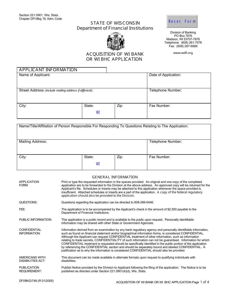 Form DFI / BKG / 748 Acquisition of Wi Bank or Wi Bhc Application - Wisconsin, Page 1