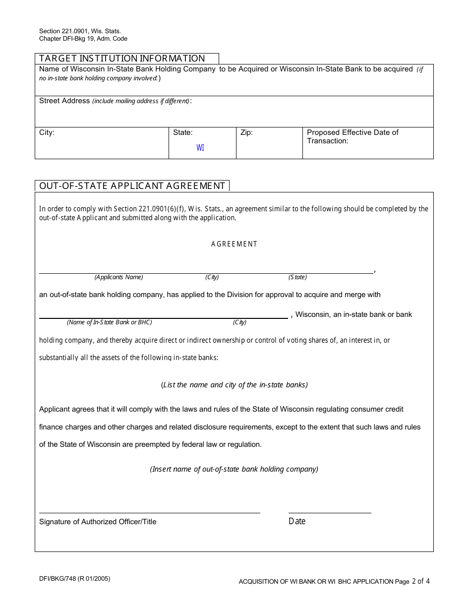 Form DFI / BKG / 748 Acquisition of Wi Bank or Wi Bhc Application - Wisconsin, Page 2