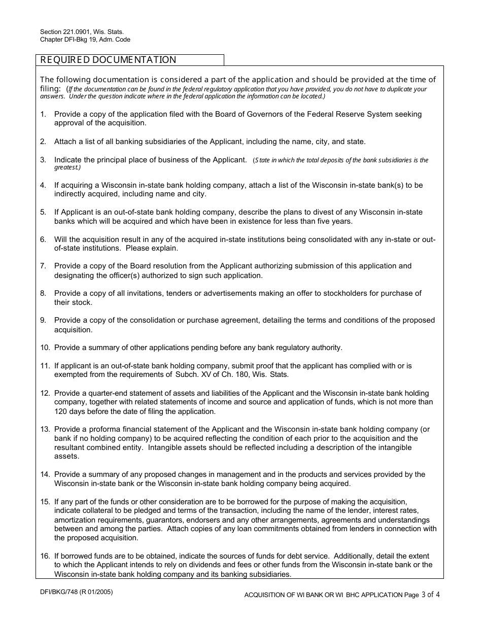 Form DFI / BKG / 748 Acquisition of Wi Bank or Wi Bhc Application - Wisconsin, Page 3