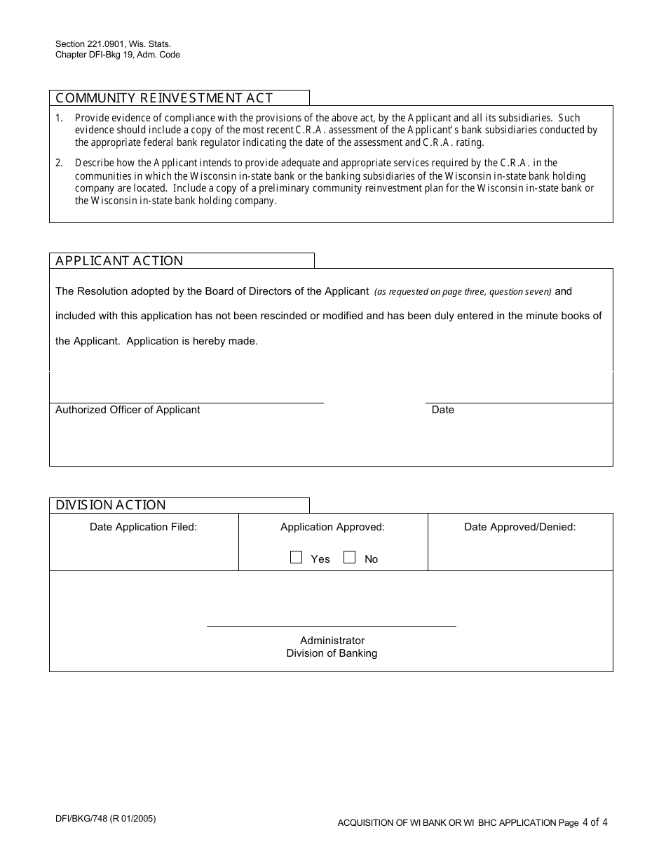 Form DFI / BKG / 748 Acquisition of Wi Bank or Wi Bhc Application - Wisconsin, Page 4