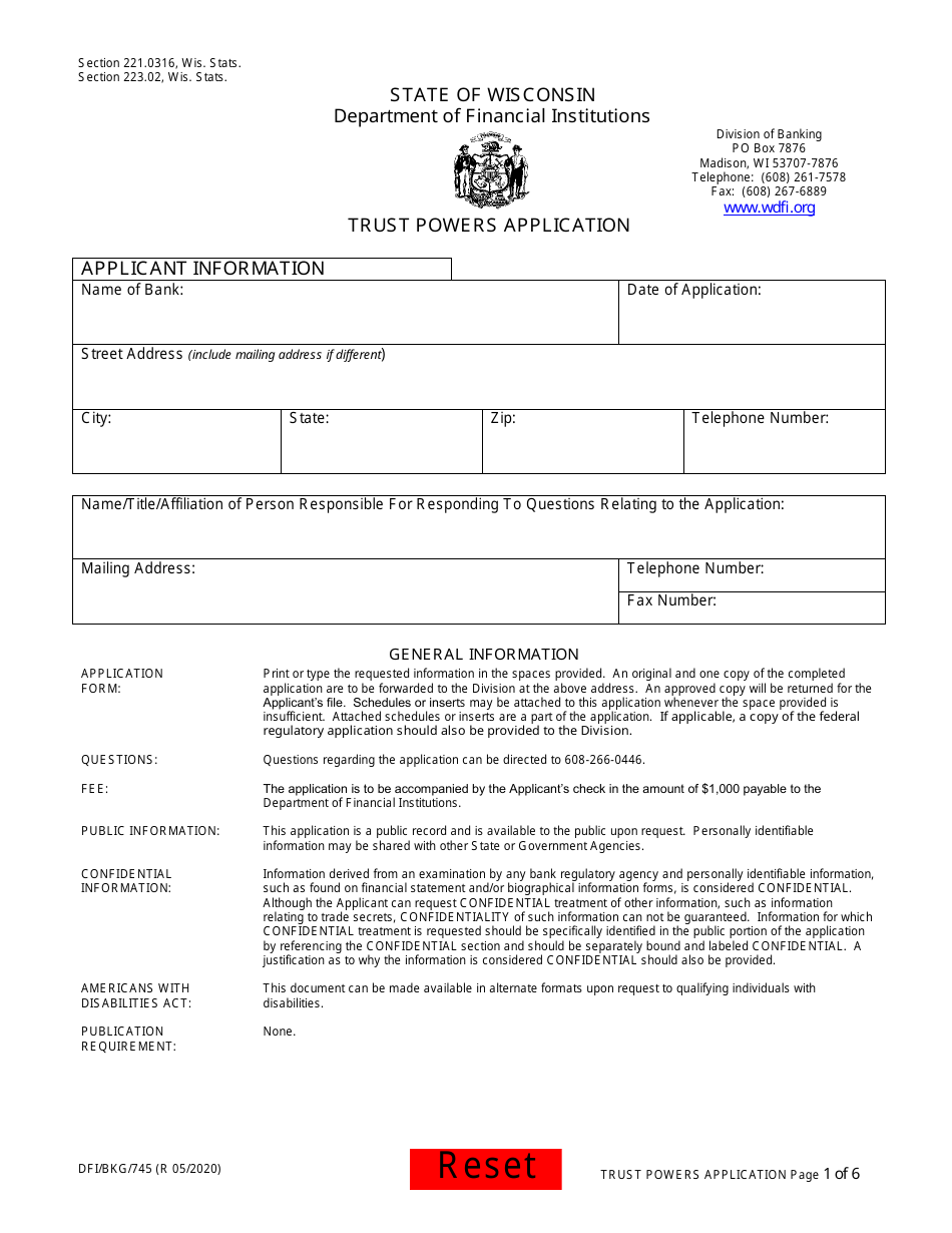 Form DFI / BKG / 745 Trust Powers Application - Wisconsin, Page 1