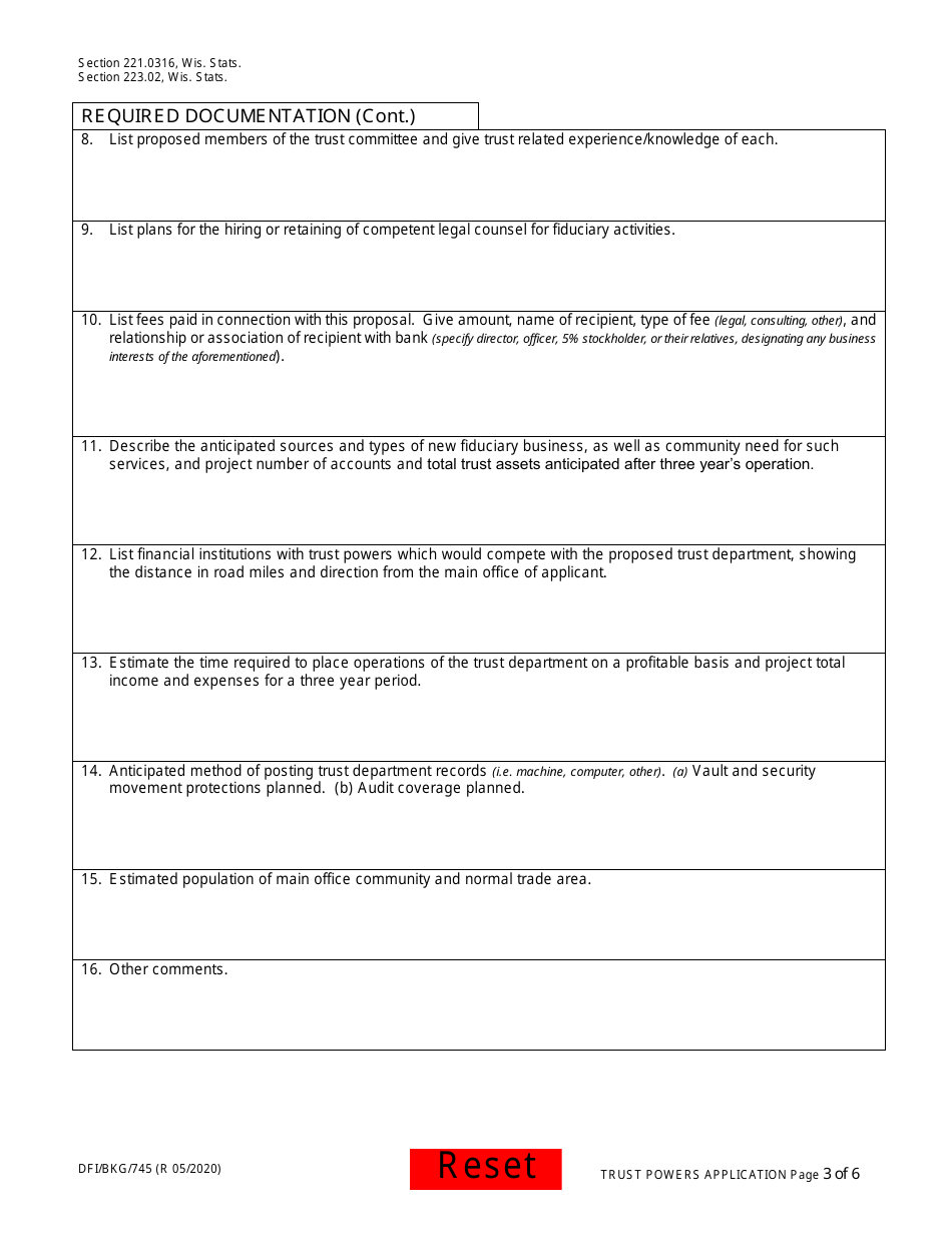 Form DFI / BKG / 745 Trust Powers Application - Wisconsin, Page 3