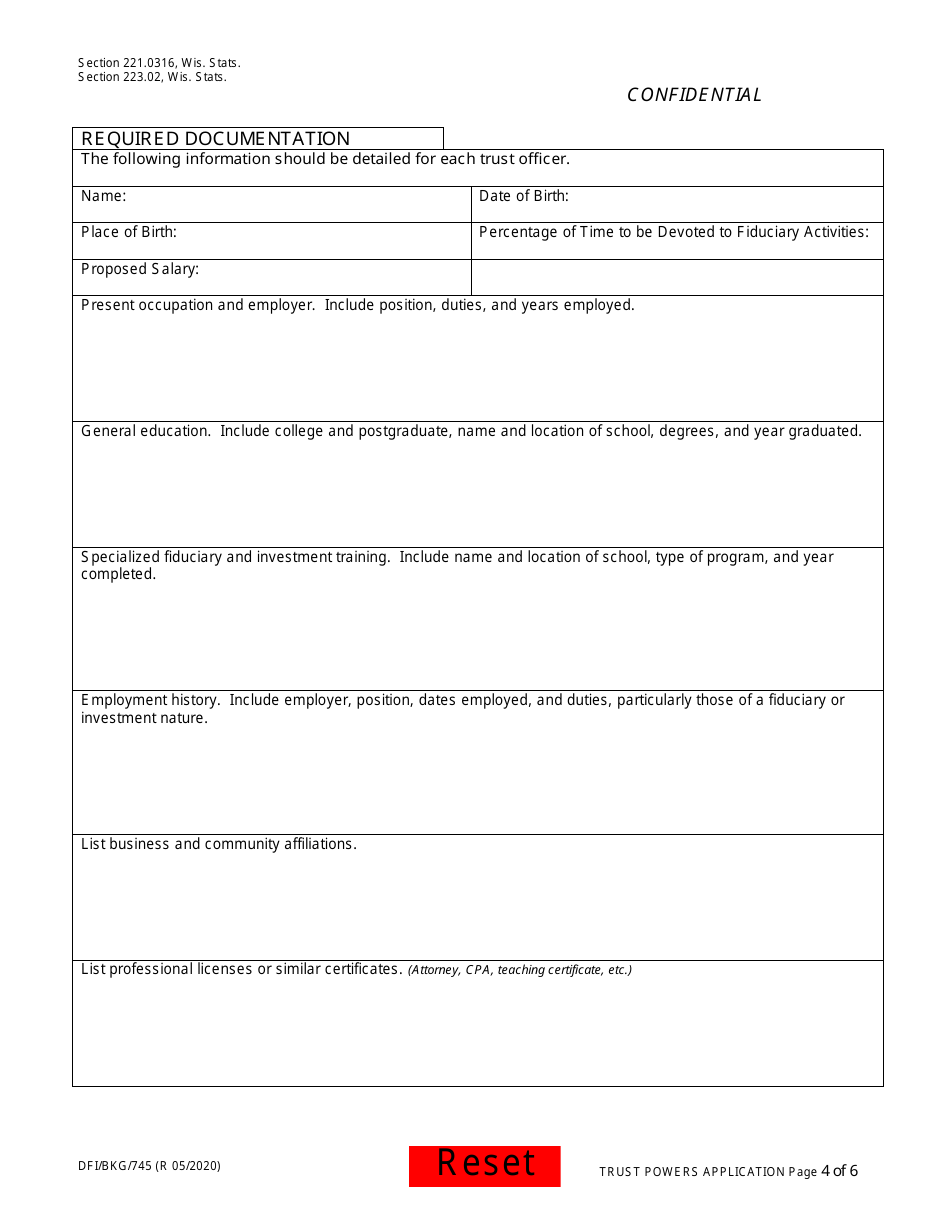 Form DFI / BKG / 745 Trust Powers Application - Wisconsin, Page 4