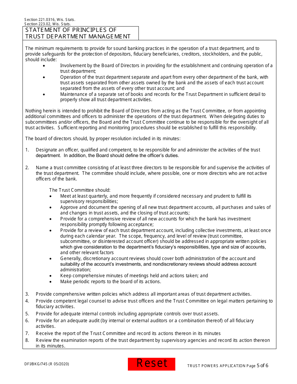 Form DFI / BKG / 745 Trust Powers Application - Wisconsin, Page 5
