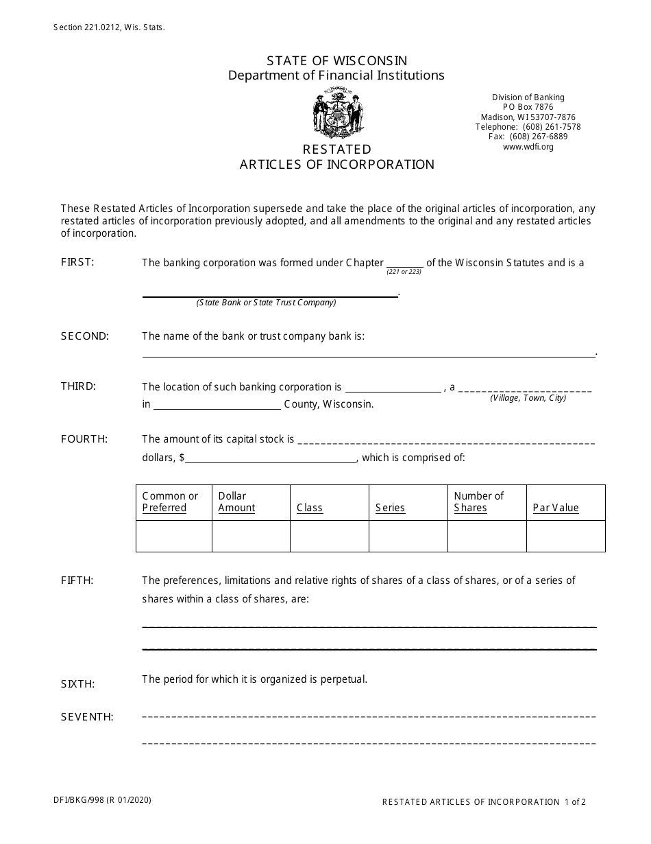 Form DFI / BKG / 998 Restated Articles of Incorporation - Wisconsin, Page 1