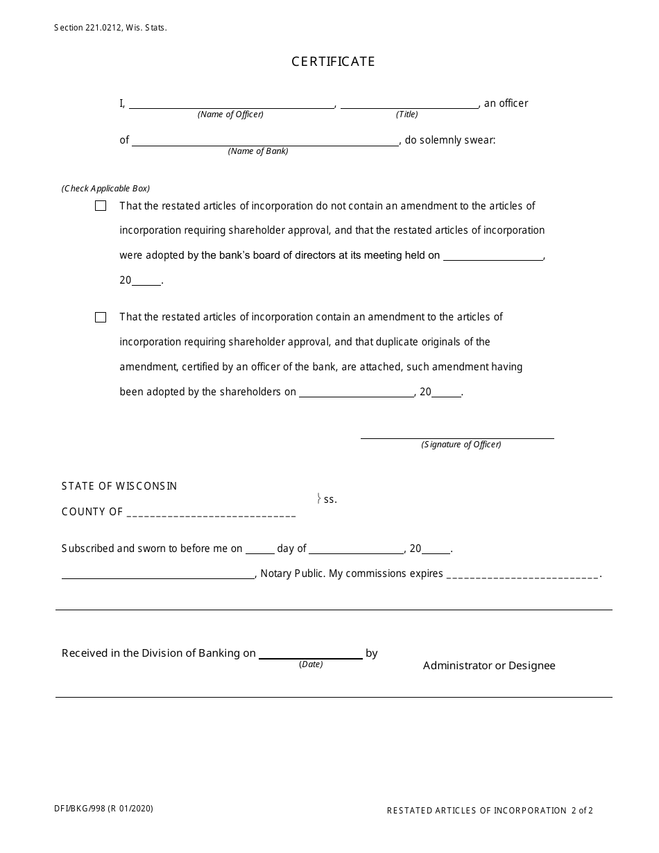 Form DFI / BKG / 998 Restated Articles of Incorporation - Wisconsin, Page 2