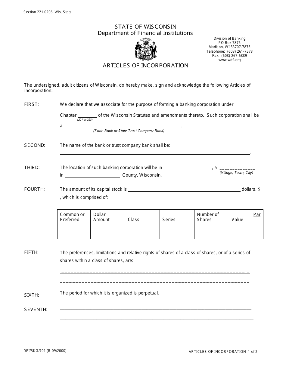 Form DFI / BKG / 701 Articles of Incorporation - Wisconsin, Page 1