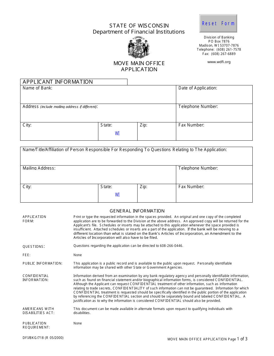 Form DFI / BKG / 718 Move Main Office Application - Wisconsin, Page 1