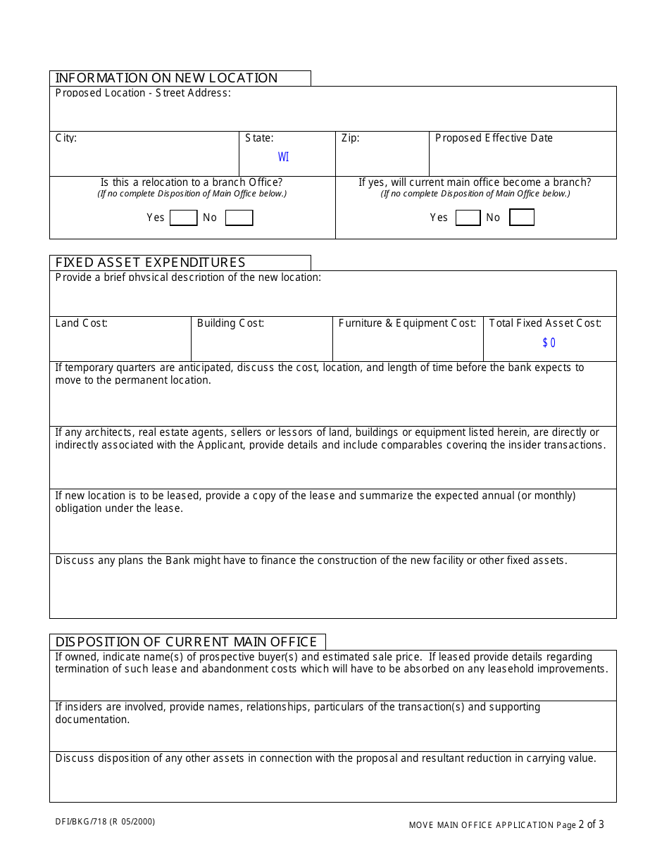 Form DFI / BKG / 718 Move Main Office Application - Wisconsin, Page 2
