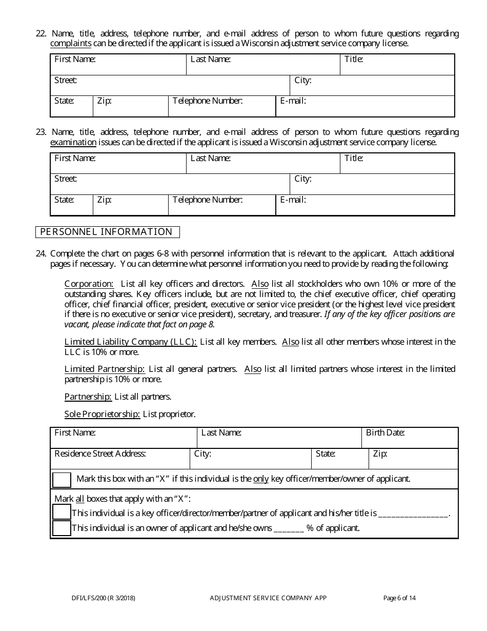 Form DFI / LFS / 200 Adjustment Service Company License Application - Wisconsin, Page 10