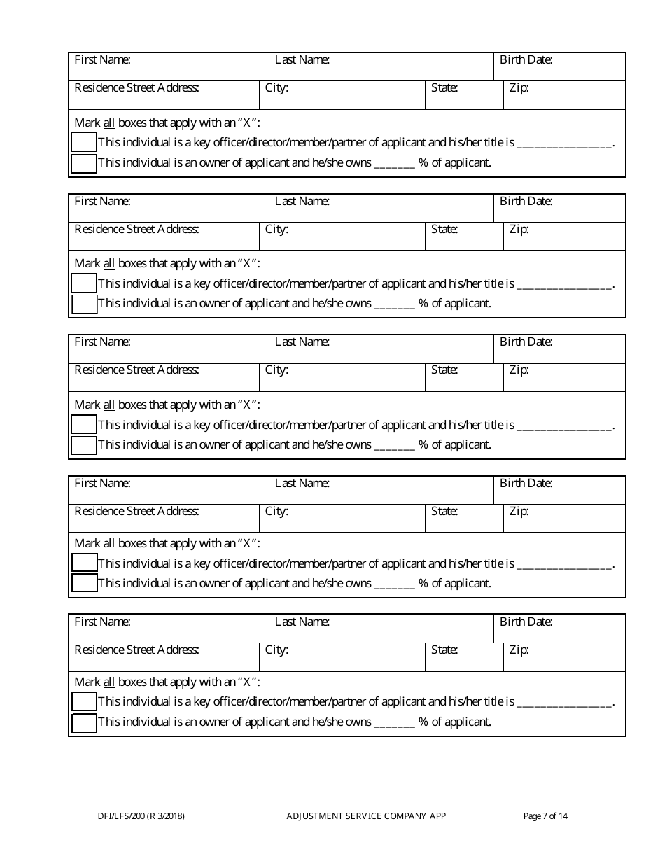 Form DFI / LFS / 200 Adjustment Service Company License Application - Wisconsin, Page 11
