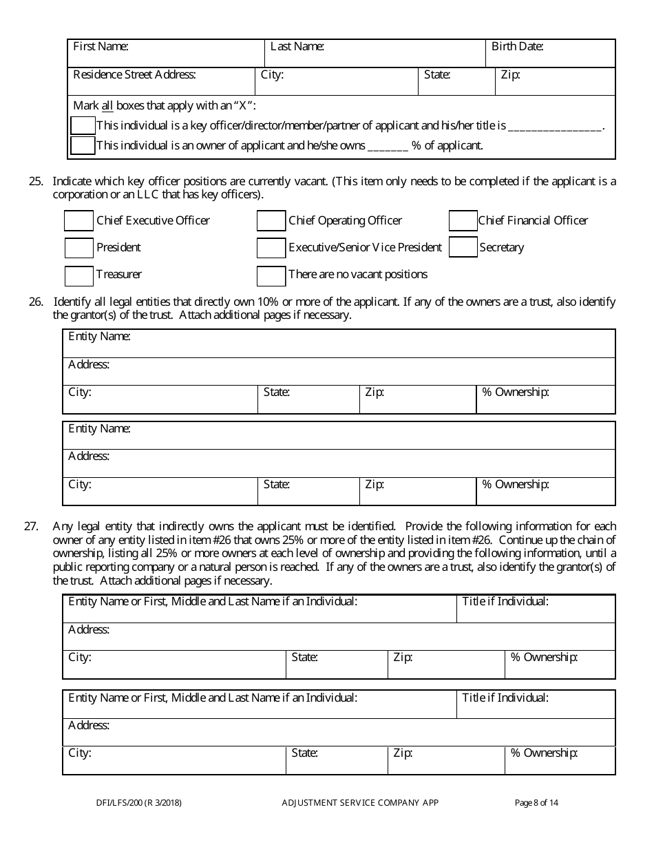 Form DFI / LFS / 200 Adjustment Service Company License Application - Wisconsin, Page 12