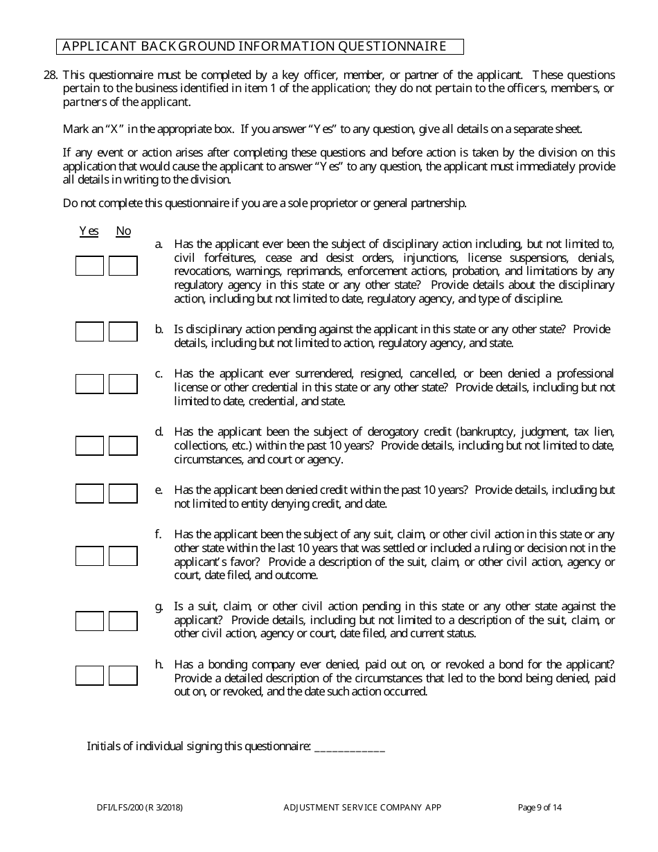 Form DFI / LFS / 200 Adjustment Service Company License Application - Wisconsin, Page 13