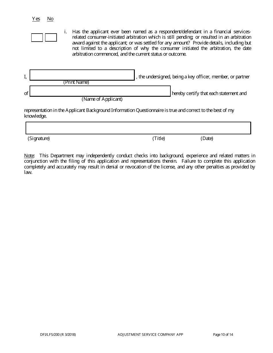 Form DFI / LFS / 200 Adjustment Service Company License Application - Wisconsin, Page 14