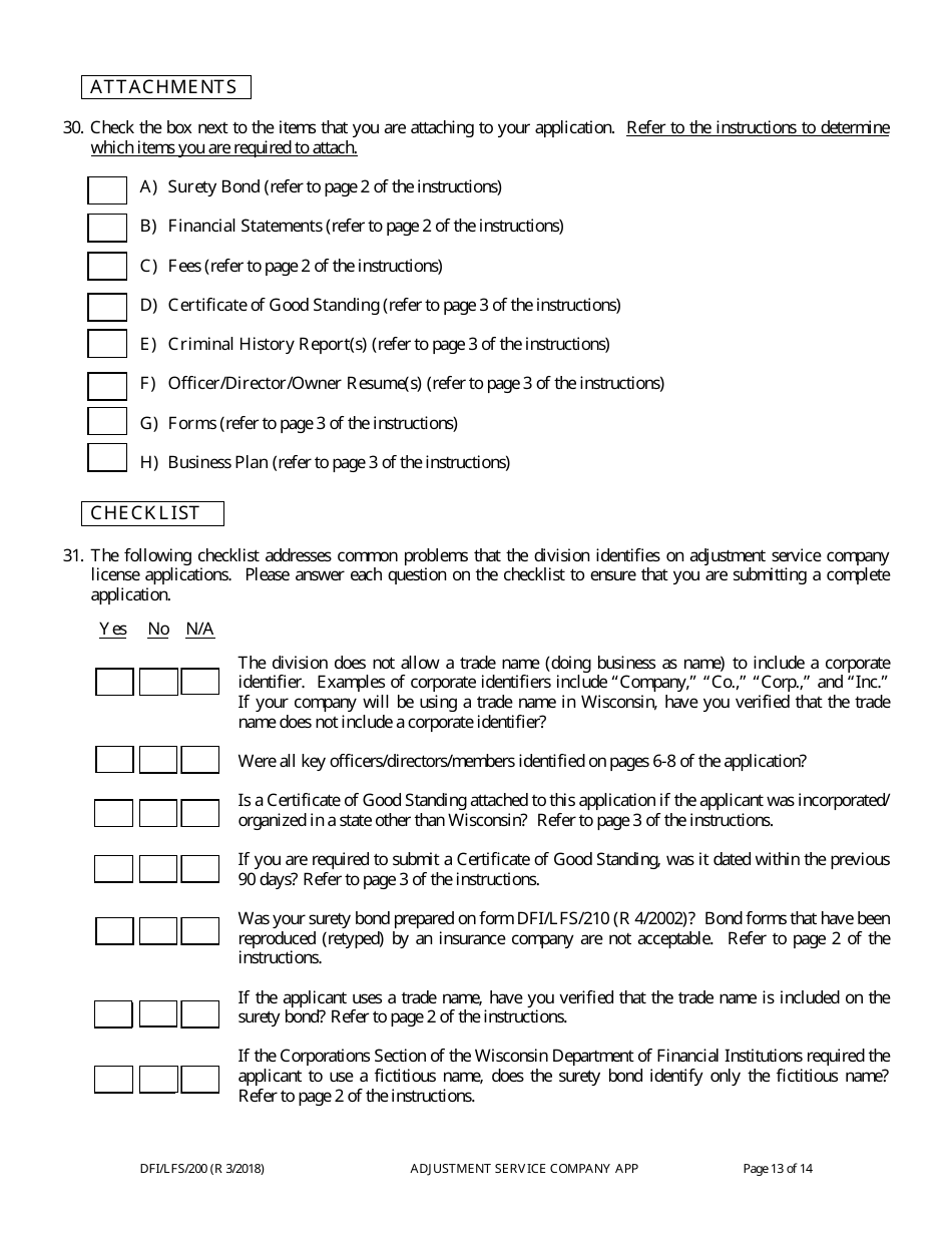 Form DFI / LFS / 200 Adjustment Service Company License Application - Wisconsin, Page 17