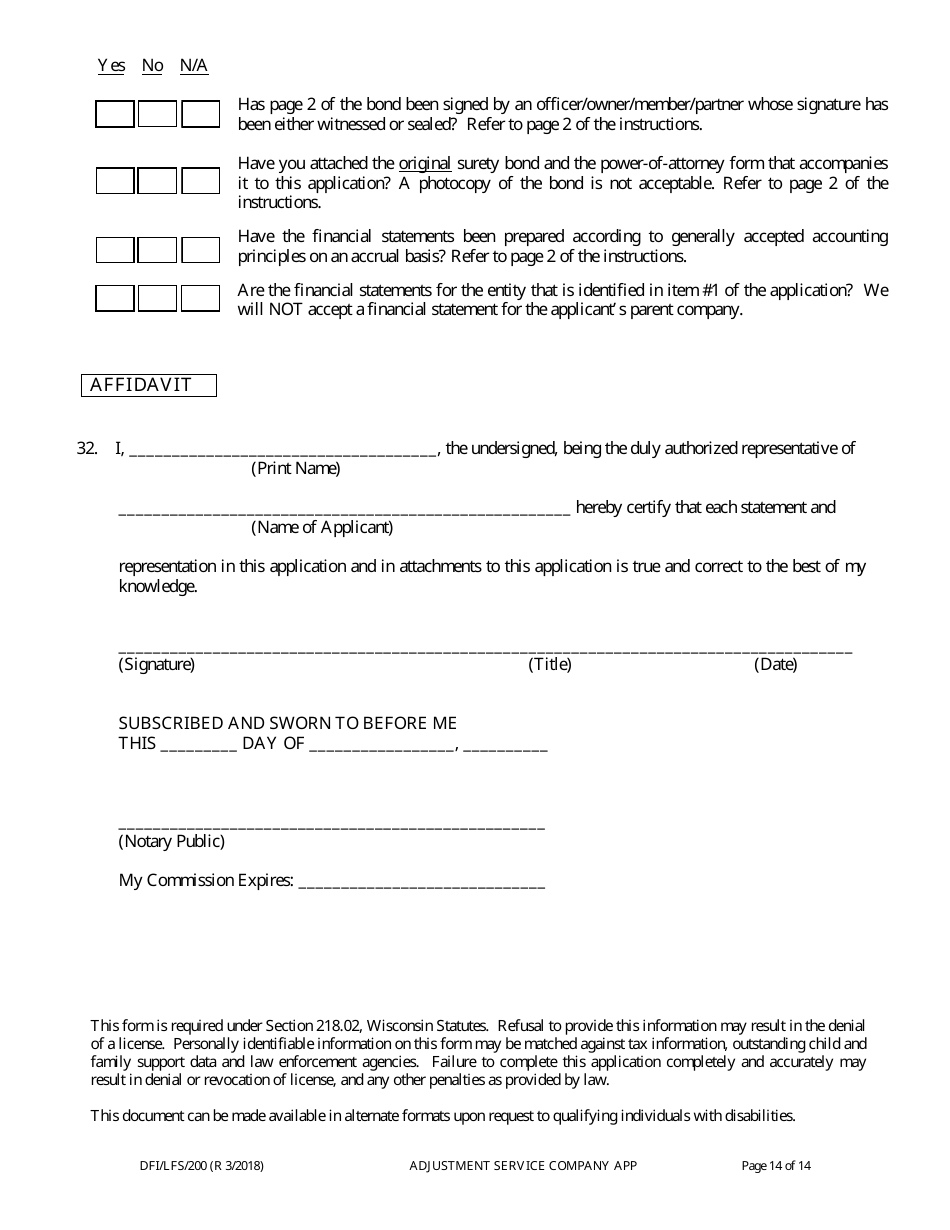 Form DFI / LFS / 200 Adjustment Service Company License Application - Wisconsin, Page 18