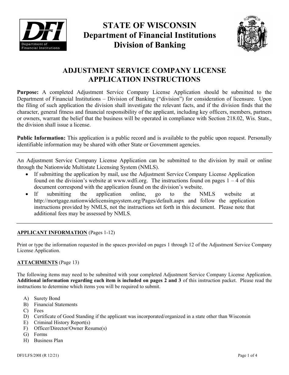 Form DFI / LFS / 200 Adjustment Service Company License Application - Wisconsin, Page 1