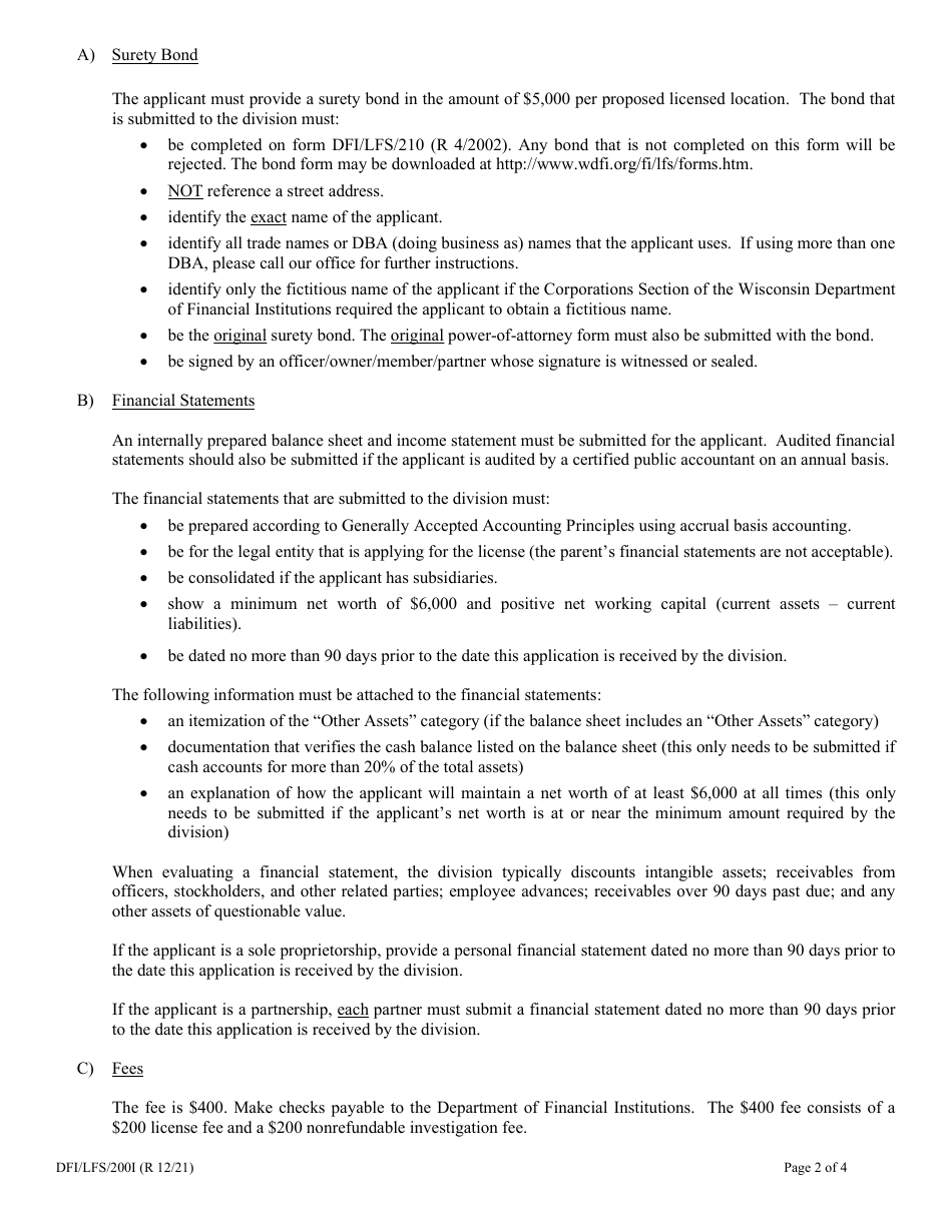 Form DFI / LFS / 200 Adjustment Service Company License Application - Wisconsin, Page 2