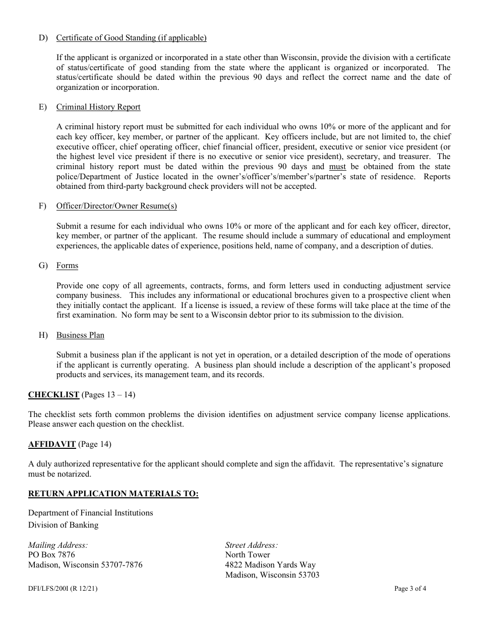 Form DFI / LFS / 200 Adjustment Service Company License Application - Wisconsin, Page 3