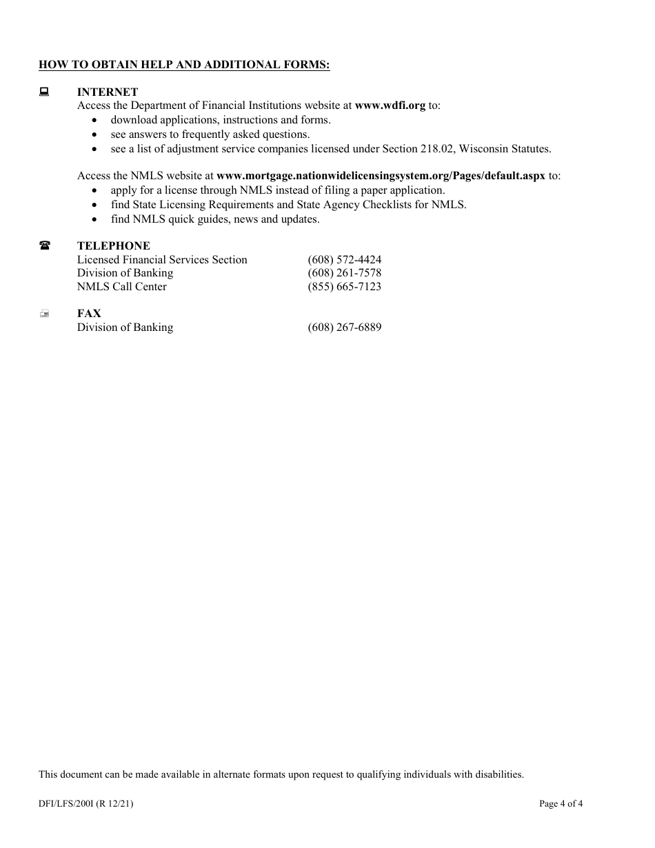 Form DFI / LFS / 200 Adjustment Service Company License Application - Wisconsin, Page 4