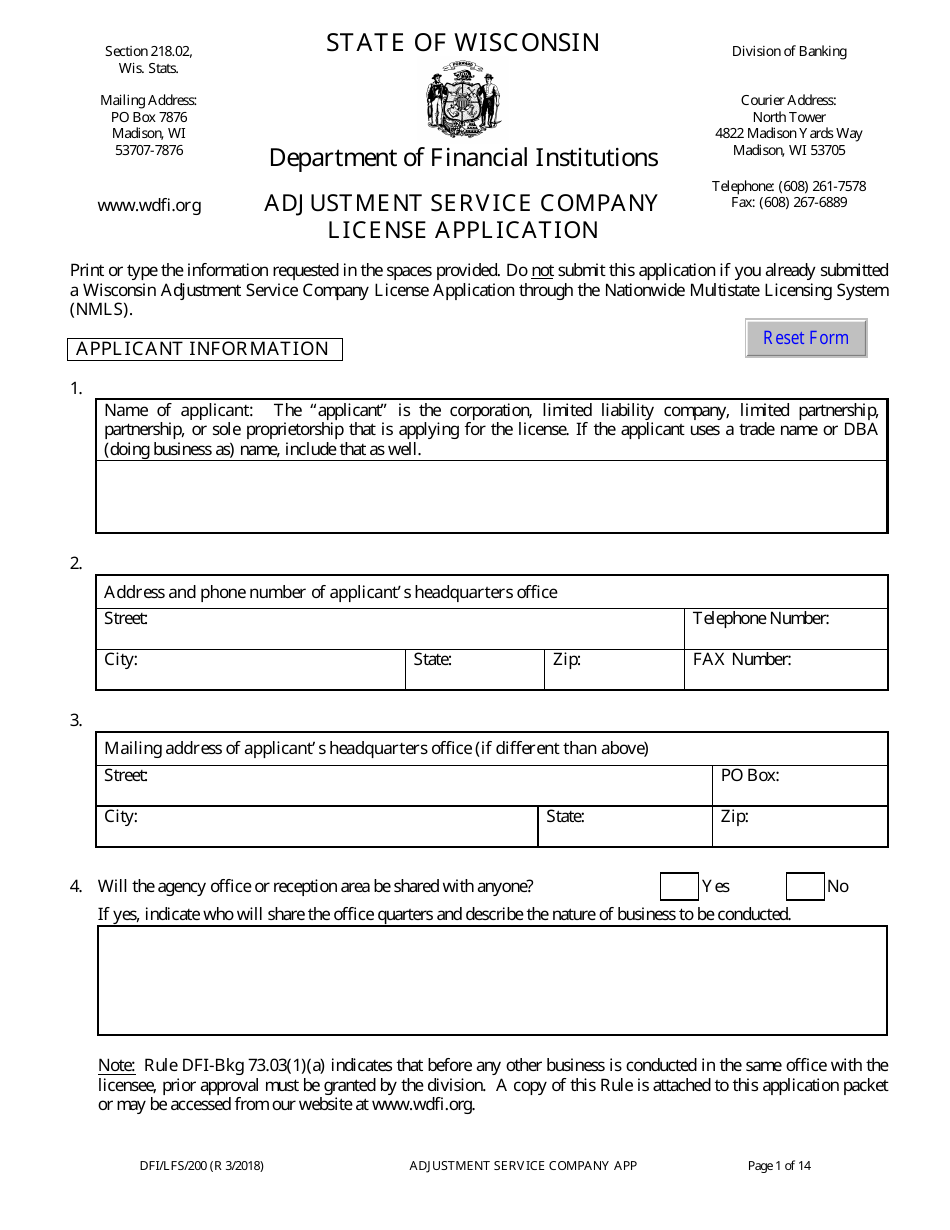 Form DFI / LFS / 200 Adjustment Service Company License Application - Wisconsin, Page 5