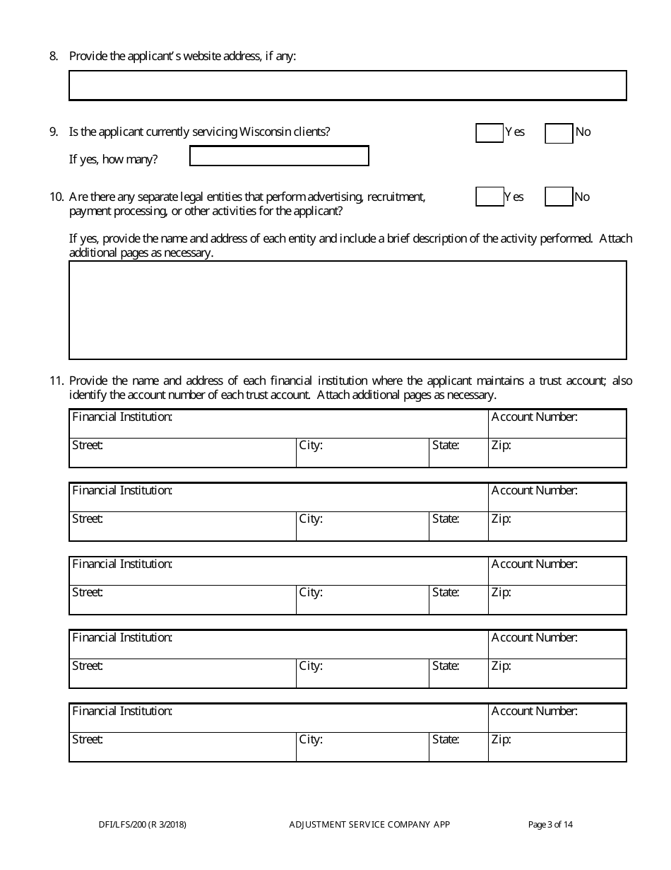 Form DFI / LFS / 200 Adjustment Service Company License Application - Wisconsin, Page 7
