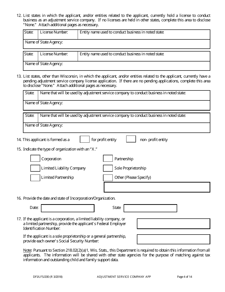 Form DFI / LFS / 200 Adjustment Service Company License Application - Wisconsin, Page 8