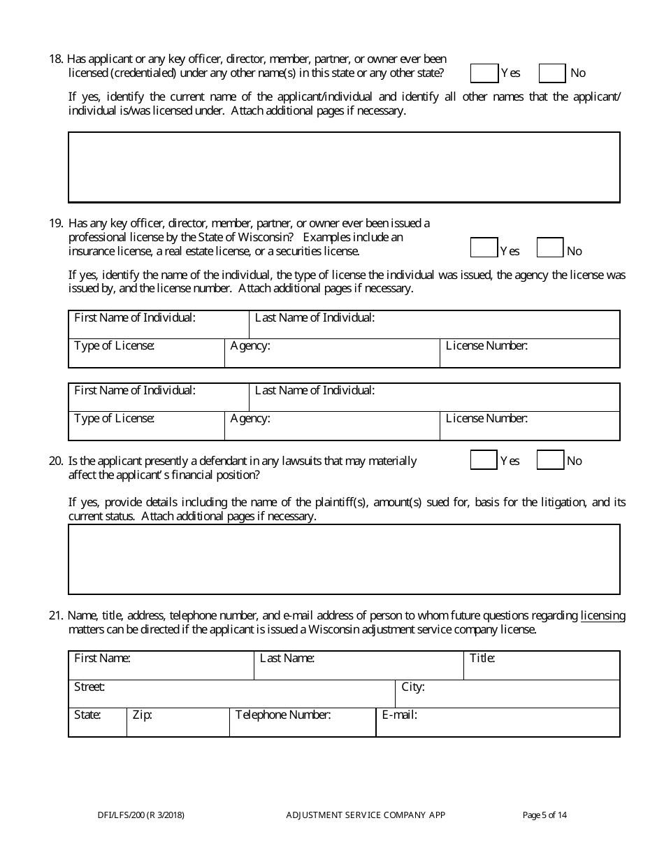 Form DFI / LFS / 200 Adjustment Service Company License Application - Wisconsin, Page 9