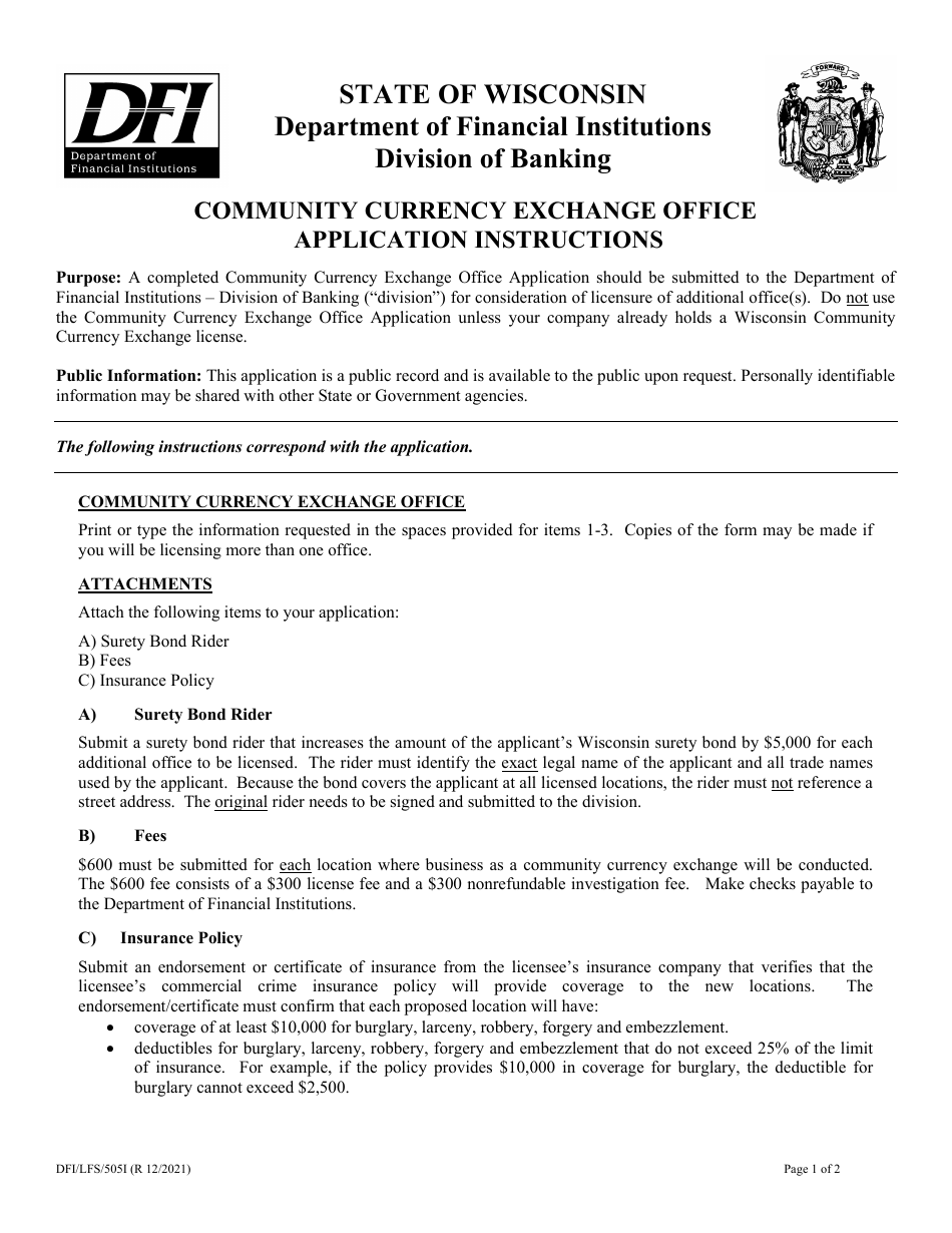 Form DFI / LFS / 505 Community Currency Exchange Office Application - Wisconsin, Page 1