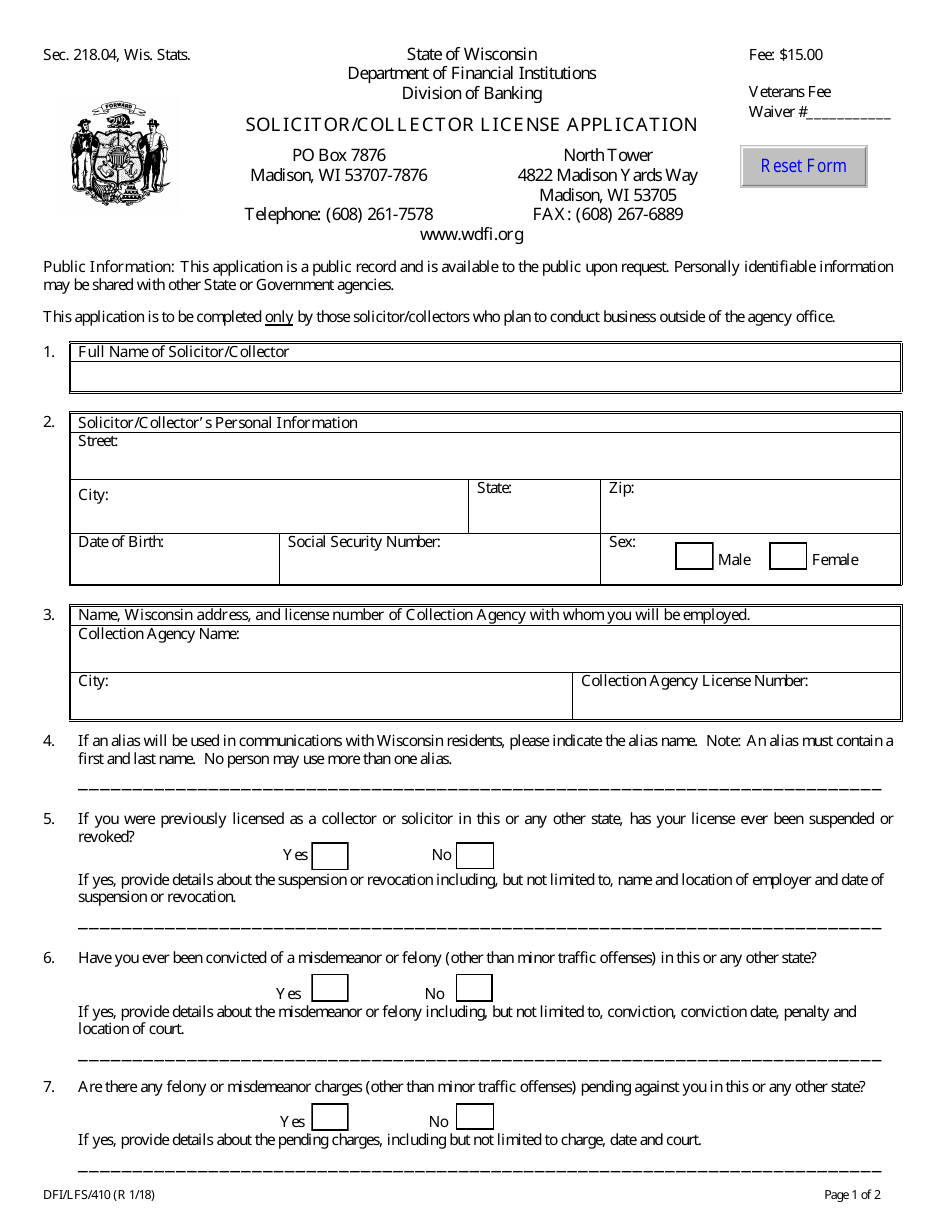 Form DFI / LFS / 410 Solicitor / Collector License Application - Wisconsin, Page 1