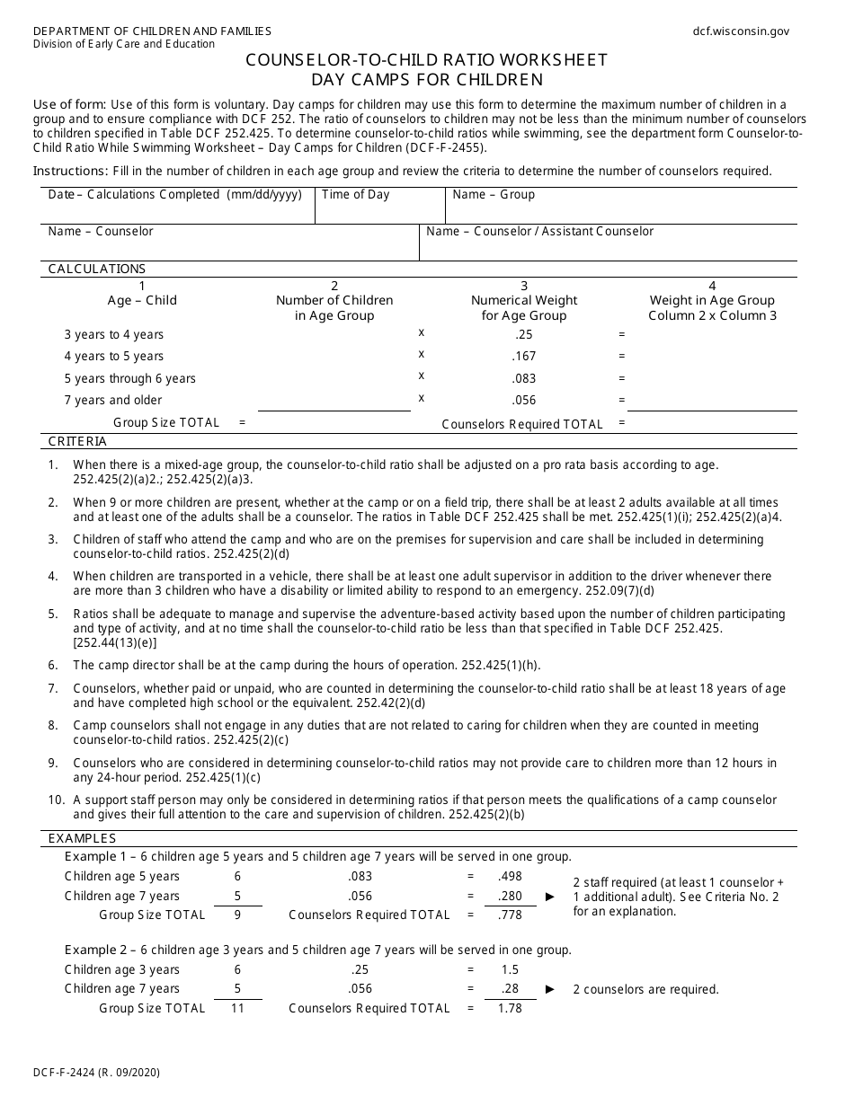 Form DCF-F-2424 Counselor-To-Child Ratio Worksheet - Day Camps for Children - Wisconsin, Page 1