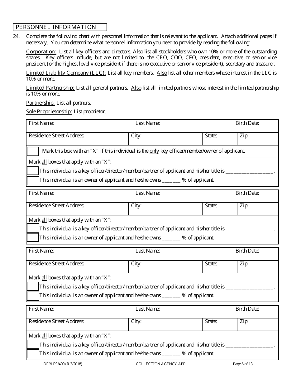Form DFI / LFS / 400 Collection Agency License Application - Wisconsin, Page 10