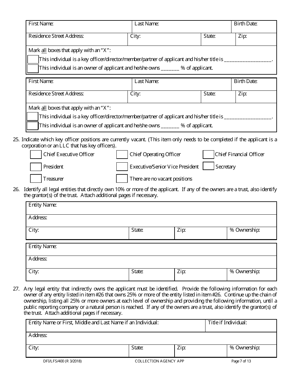 Form DFI / LFS / 400 Collection Agency License Application - Wisconsin, Page 11