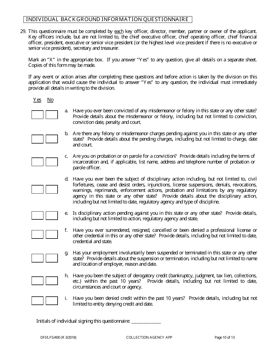 Form DFI / LFS / 400 Collection Agency License Application - Wisconsin, Page 14